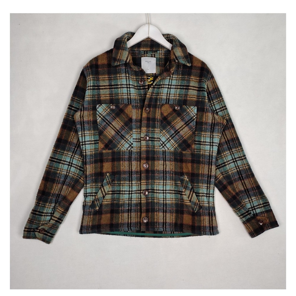 Percival London Plaid Overshirt Mens Medium Brown Teal Wool Blend Jacket Limited